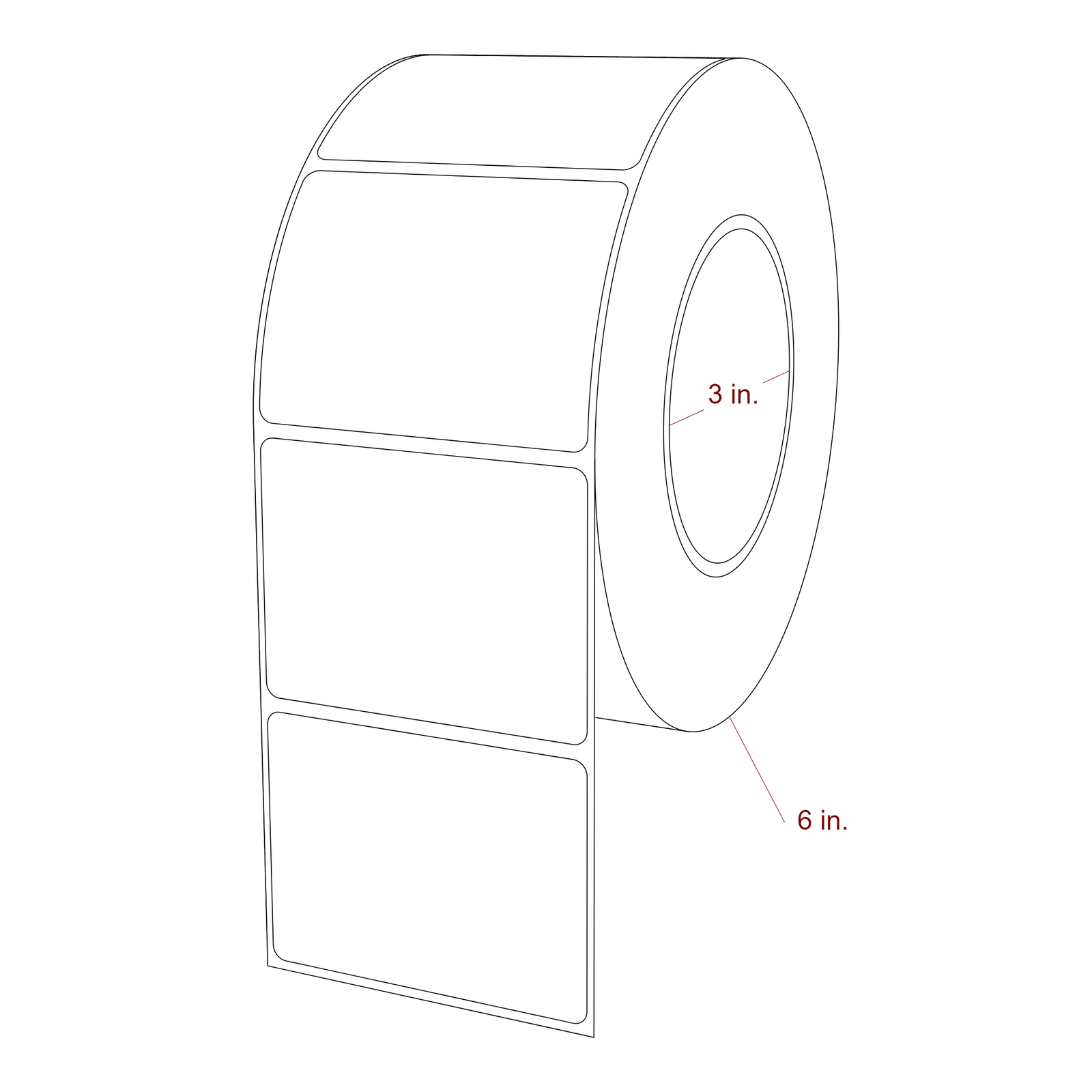 3 Inch x 2.25 Inch Rectangle Inkjet Label Roll - 3 Inch Core - 6 Inch Roll OD - 3D Perspective