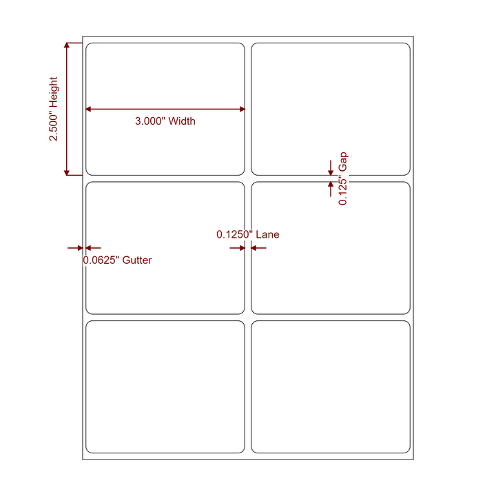 3 Inch x 2.5 Inch Rectangle Inkjet Label Roll - 2Up - 2D Drawing