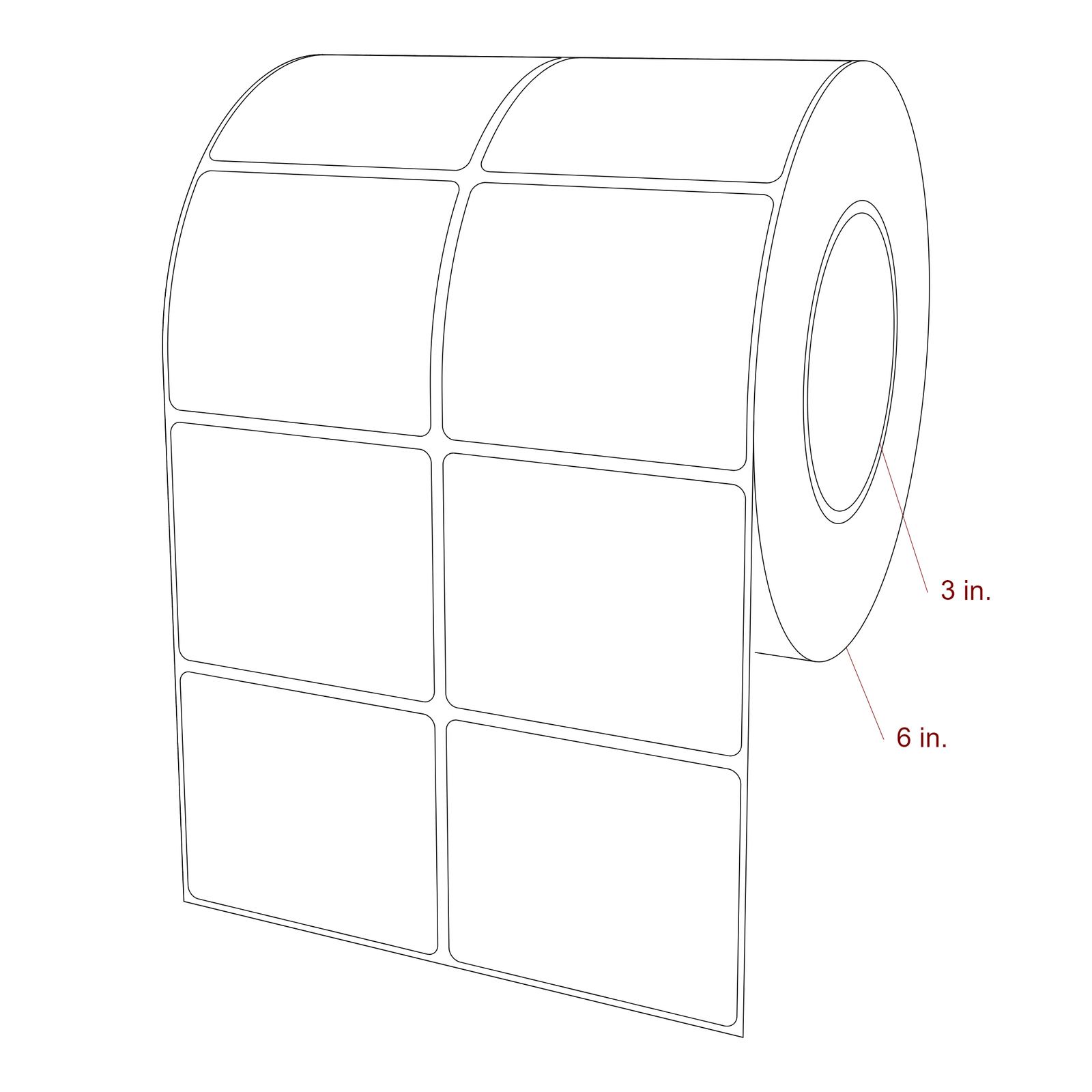 3 Inch x 2.5 Inch Rectangle Inkjet Label Roll - 3 Inch Core - 6 Inch Roll OD - 2Up - 3D Perspective