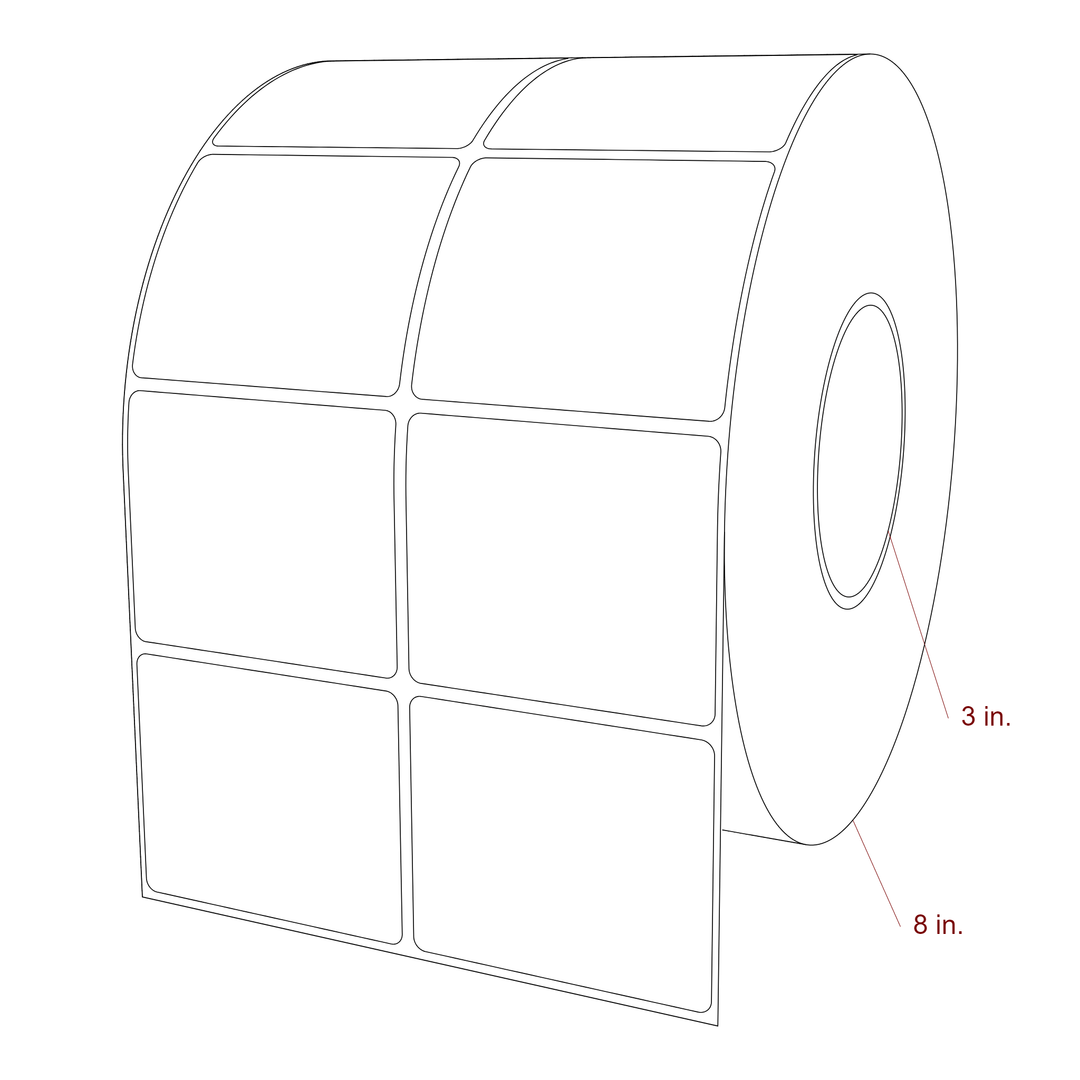 3 Inch x 2.5 Inch Rectangle Inkjet Label Roll - 3 Inch Core - 8 Inch Roll OD - 2Up - 3D Perspective