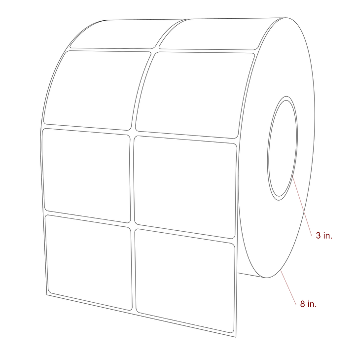 3 Inch x 2.5 Inch Rectangle Inkjet Label Roll - 3 Inch Core - 8 Inch Roll OD - 2Up - 3D Perspective