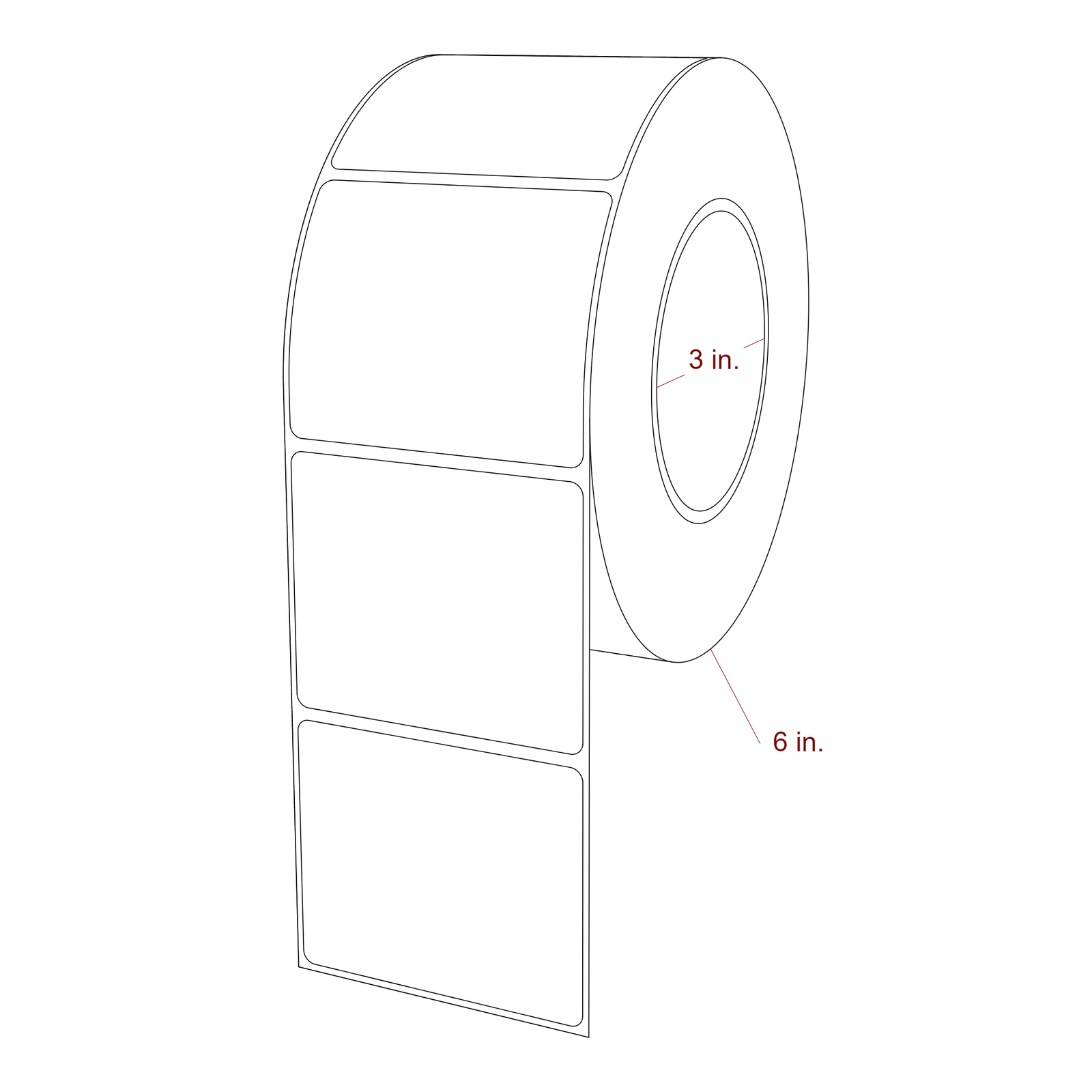 3 Inch x 2.5 Inch Rectangle Inkjet Label Roll - 3 Inch Core - 6 Inch Roll OD - 3D Perspective