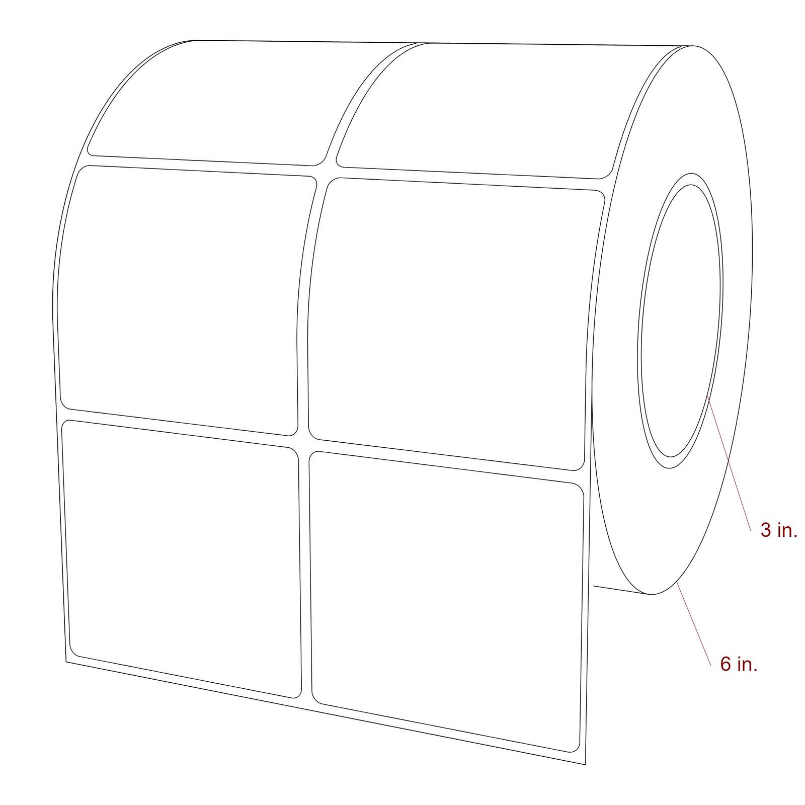 3 Inch x 2.75 Inch Rectangle Inkjet Label Roll - 3 Inch Core - 6 Inch Roll OD - 2Up - 3D Perspective