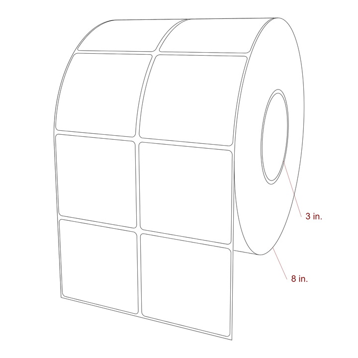 3 Inch x 2.75 Inch Rectangle Inkjet Label Roll - 3 Inch Core - 8 Inch Roll OD - 2Up - 3D Perspective