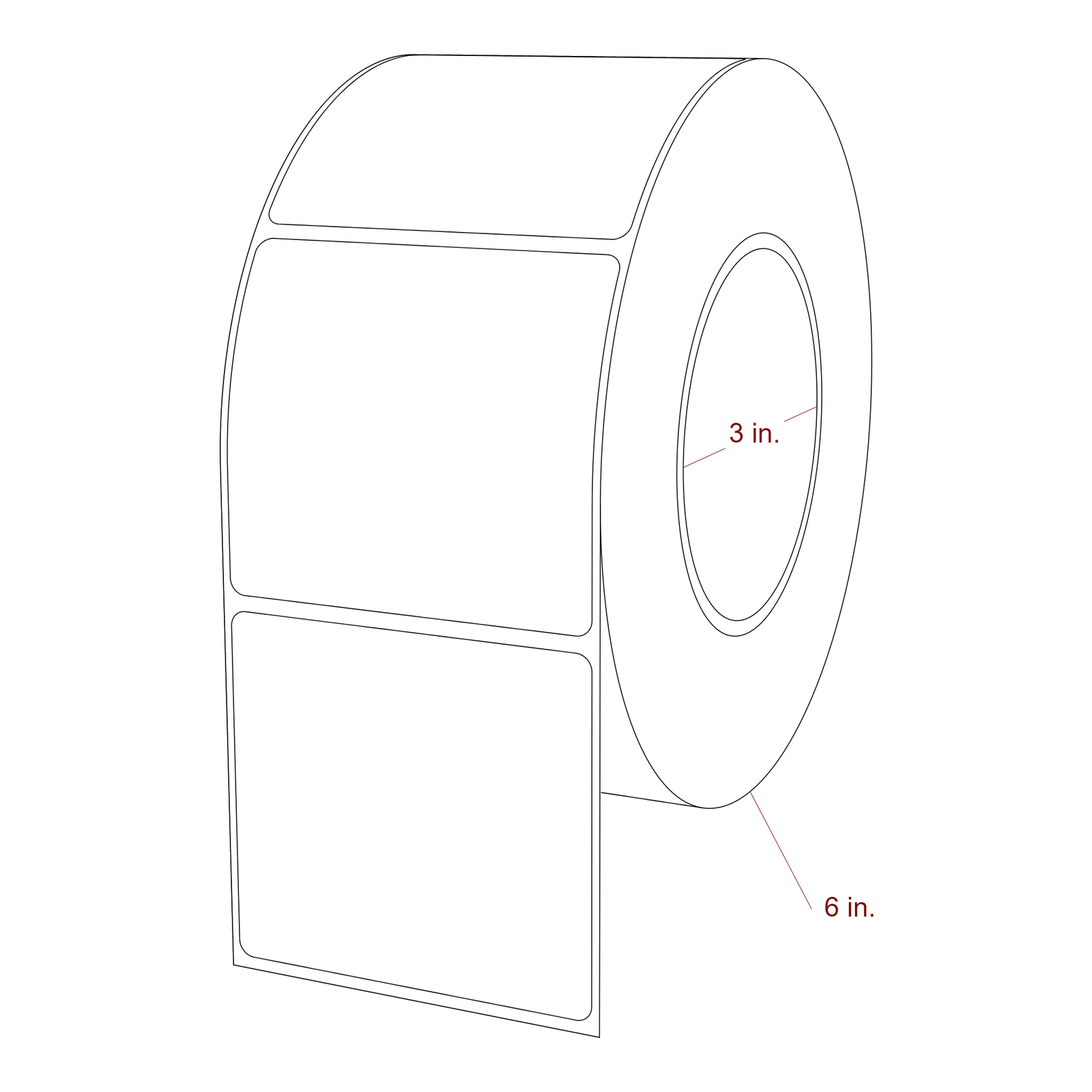 3 Inch x 2.75 Inch Rectangle Inkjet Label Roll - 3 Inch Core - 6 Inch Roll OD - 3D Perspective