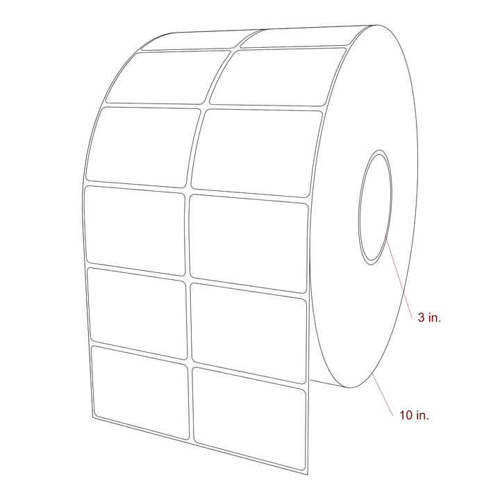 3 Inch x 2 Inch Rectangle Inkjet Label Roll - 3 Inch Core - 10 Inch Roll OD - 2Up - 3D Perspective