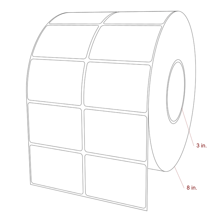 3 Inch x 2 Inch Rectangle Inkjet Label Roll - 3 Inch Core - 8 Inch Roll OD - 2Up - 3D Perspective