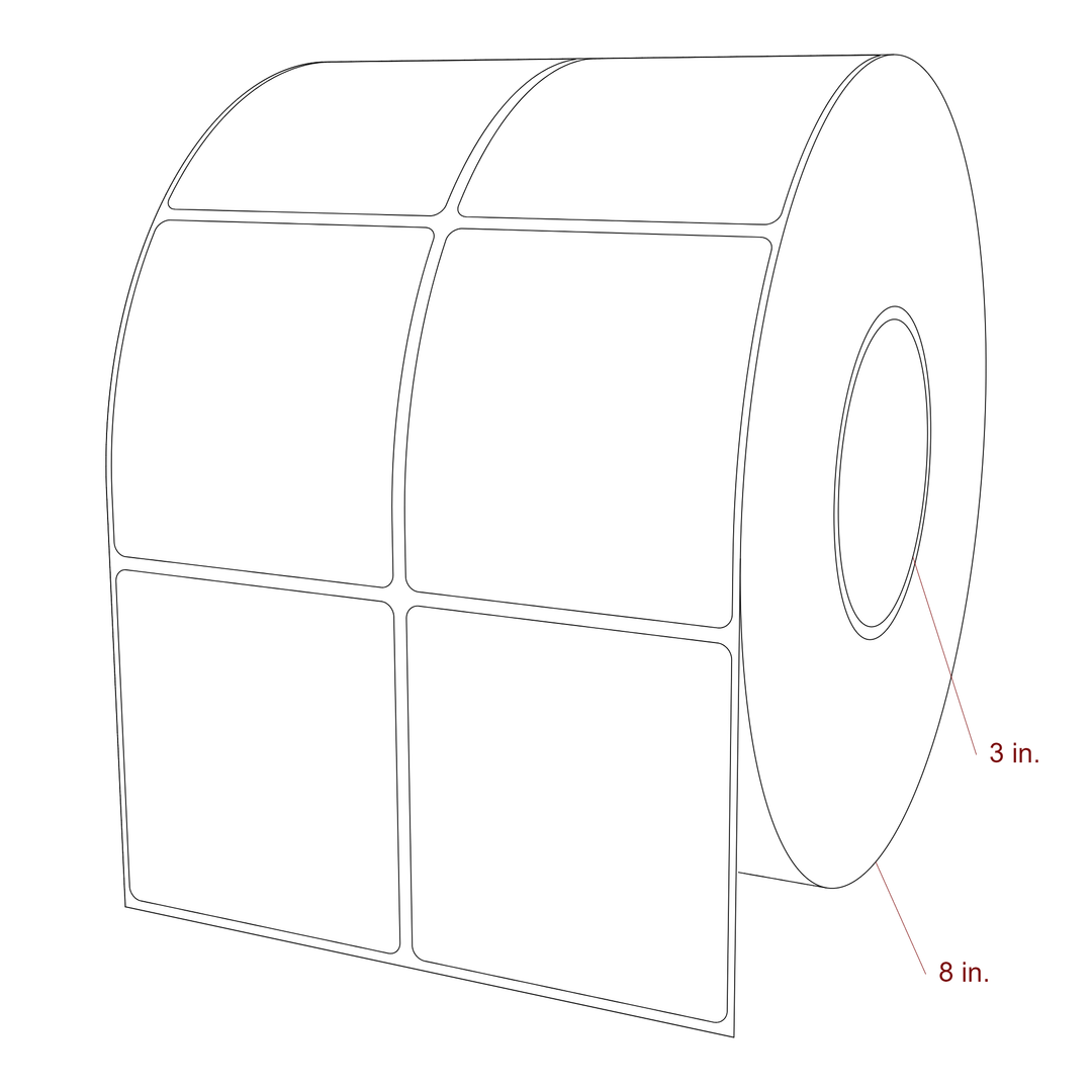 3 Inch x 3.25 Inch Rectangle Inkjet Label Roll - 3 Inch Core - 8 Inch Roll OD - 2Up - 3D Perspective