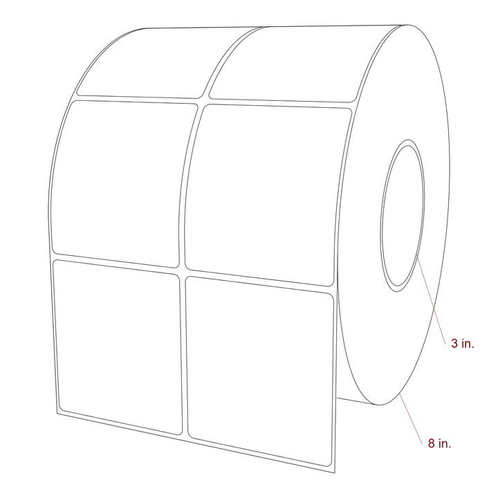3 Inch x 3.25 Inch Rectangle Inkjet Label Roll - 3 Inch Core - 8 Inch Roll OD - 2Up - 3D Perspective
