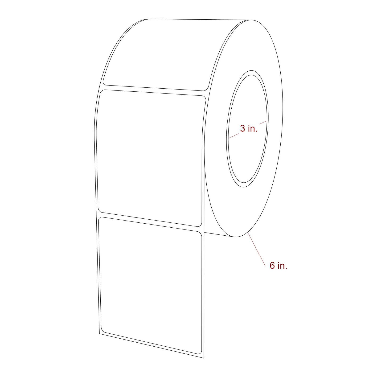 3 Inch x 3.25 Inch Rectangle Inkjet Label Roll - 3 Inch Core - 6 Inch Roll OD - 3D Perspective
