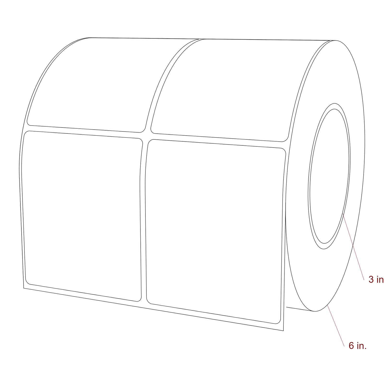 3 Inch x 3.5 Inch Rectangle Inkjet Label Roll - 3 Inch Core - 6 Inch Roll OD - 2Up - 3D Perspective