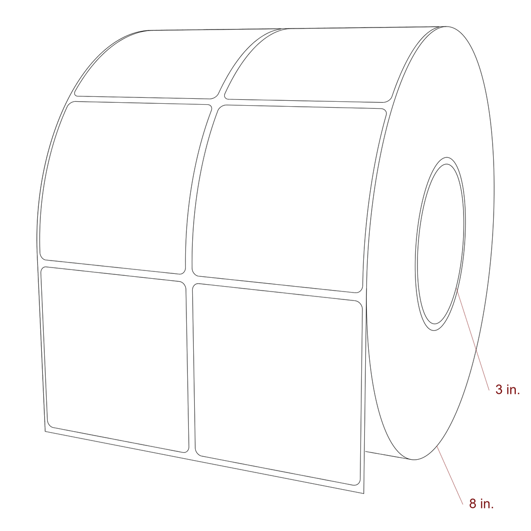 3 Inch x 3 Inch Rectangle Inkjet Label Roll - 3 Inch Core - 8 Inch Roll OD - 2Up - 3D Perspective