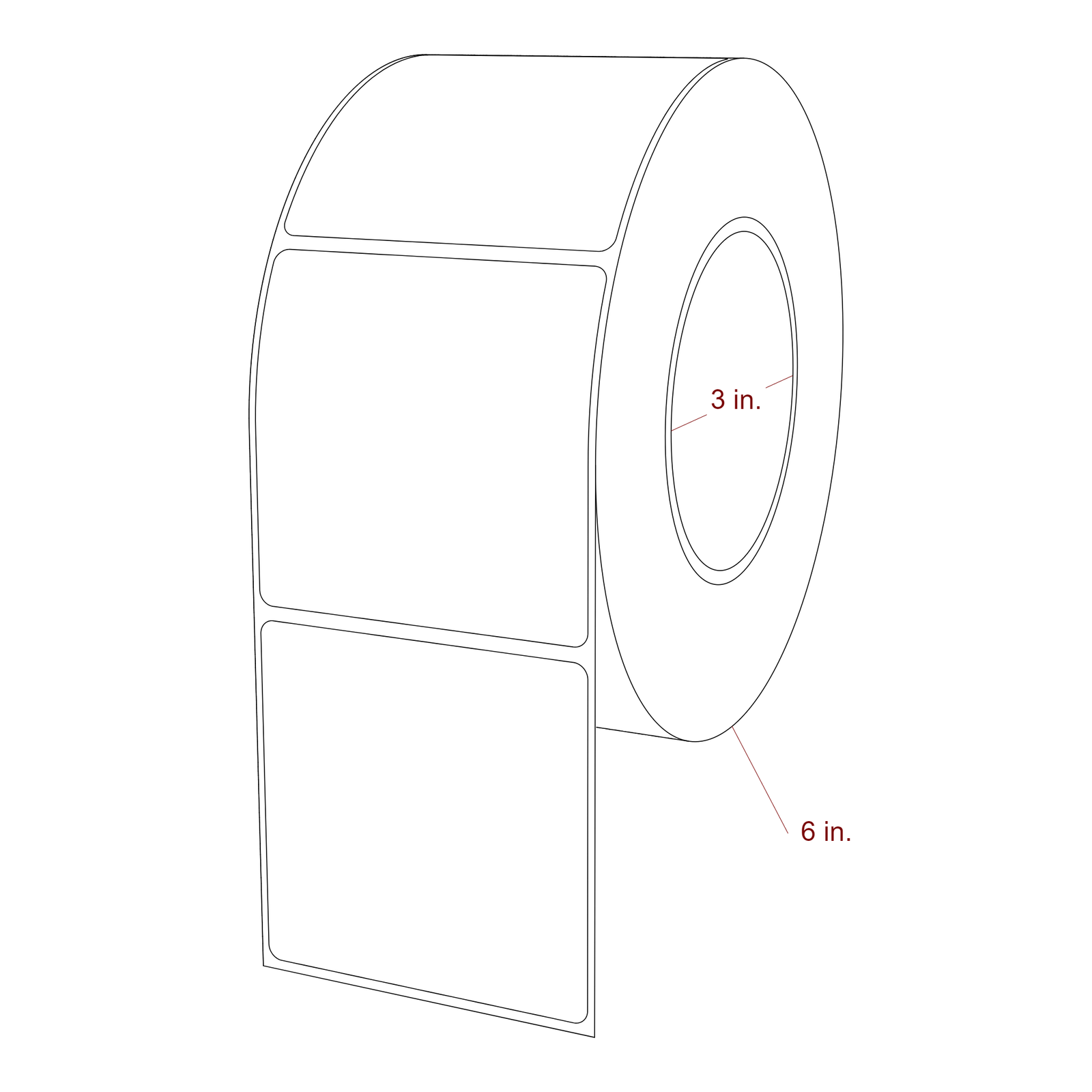 3 Inch x 3 Inch Rectangle Inkjet Label Roll - 3 Inch Core - 6 Inch Roll OD - 3D Perspective