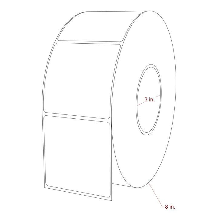 3 Inch x 3 Inch Rectangle Inkjet Label Roll - 3 Inch Core - 8 Inch Roll OD - 3D Perspective