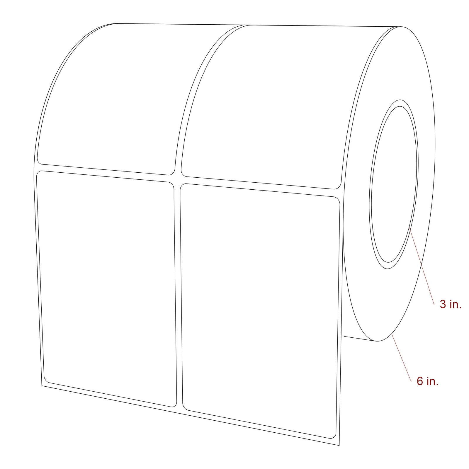 3 Inch x 4.25 Inch Rectangle Inkjet Label Roll - 3 Inch Core - 6 Inch Roll OD - 2Up - 3D Perspective