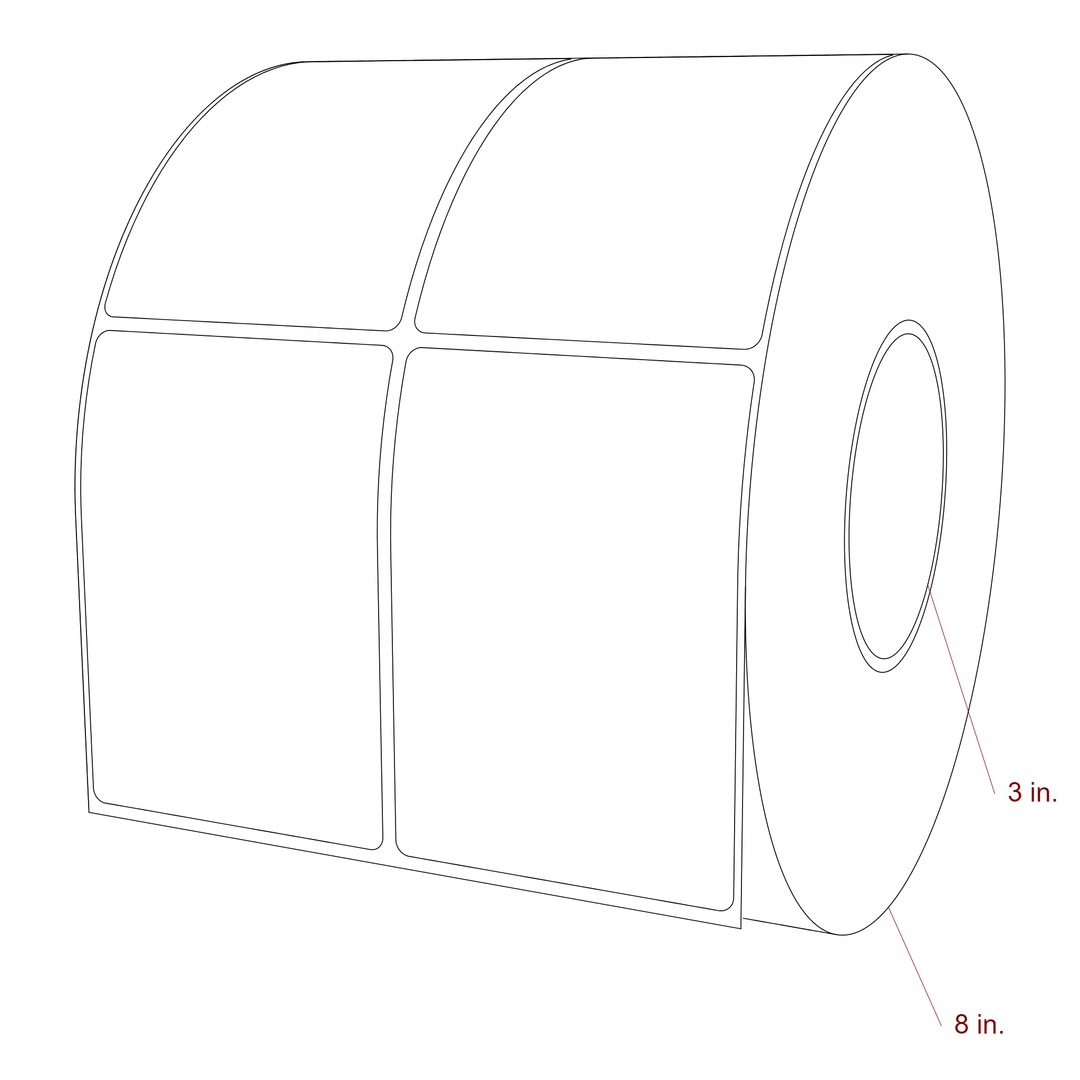3 Inch x 4.25 Inch Rectangle Inkjet Label Roll - 3 Inch Core - 8 Inch Roll OD - 2Up - 3D Perspective