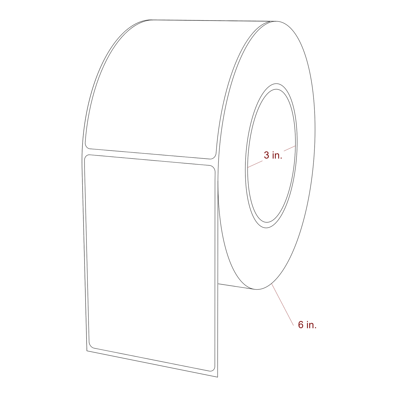 3 Inch x 4.25 Inch Rectangle Inkjet Label Roll - 3 Inch Core - 6 Inch Roll OD - 3D Perspective