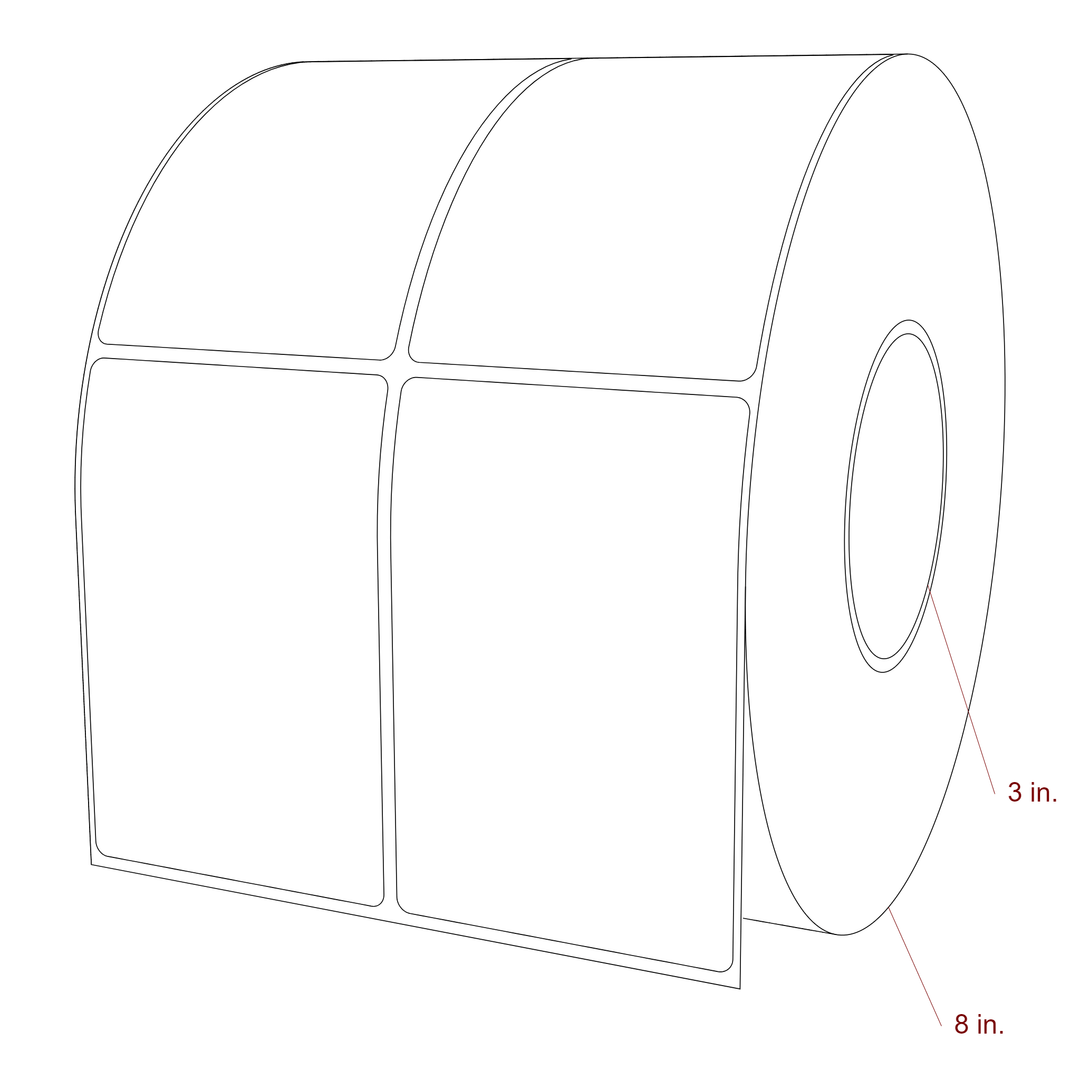 3 Inch x 4.5 Inch Rectangle Inkjet Label Roll - 3 Inch Core - 8 Inch Roll OD - 2Up - 3D Perspective