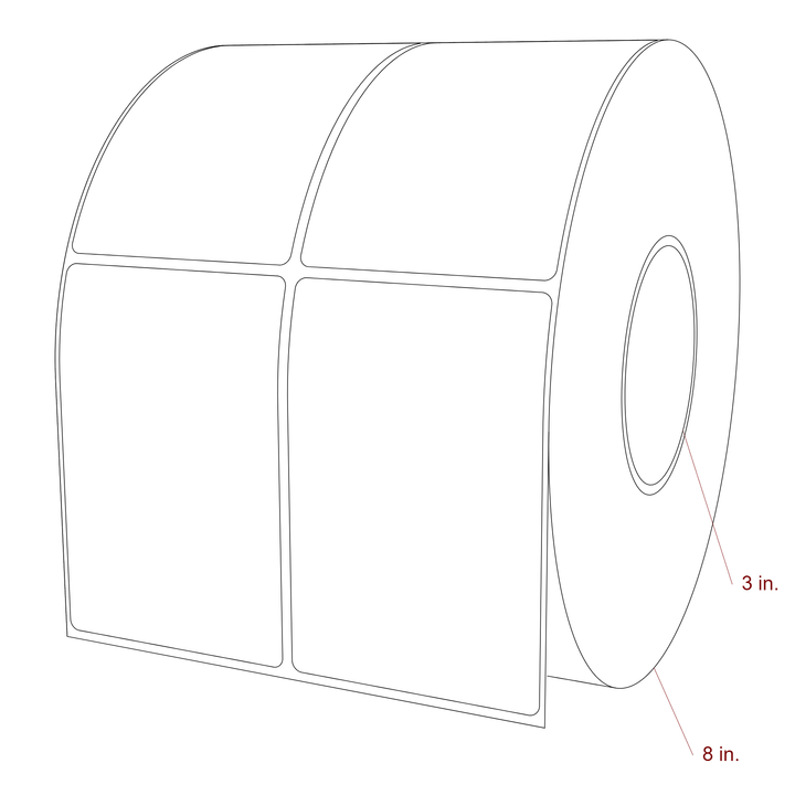 3 Inch x 4.5 Inch Rectangle Inkjet Label Roll - 3 Inch Core - 8 Inch Roll OD - 2Up - 3D Perspective