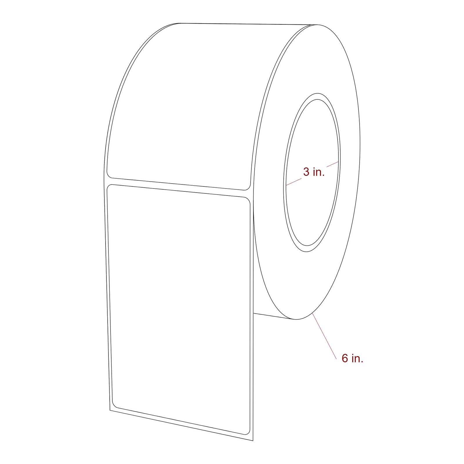 3 Inch x 4.5 Inch Rectangle Inkjet Label Roll - 3 Inch Core - 6 Inch Roll OD - 3D Perspective