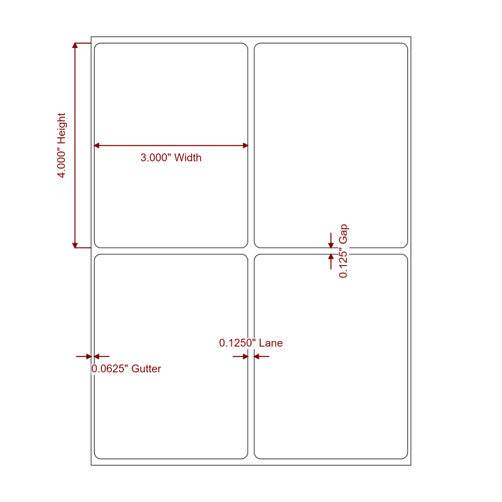 3 Inch x 4 Inch Rectangle Inkjet Label Roll - 2Up - 2D Drawing