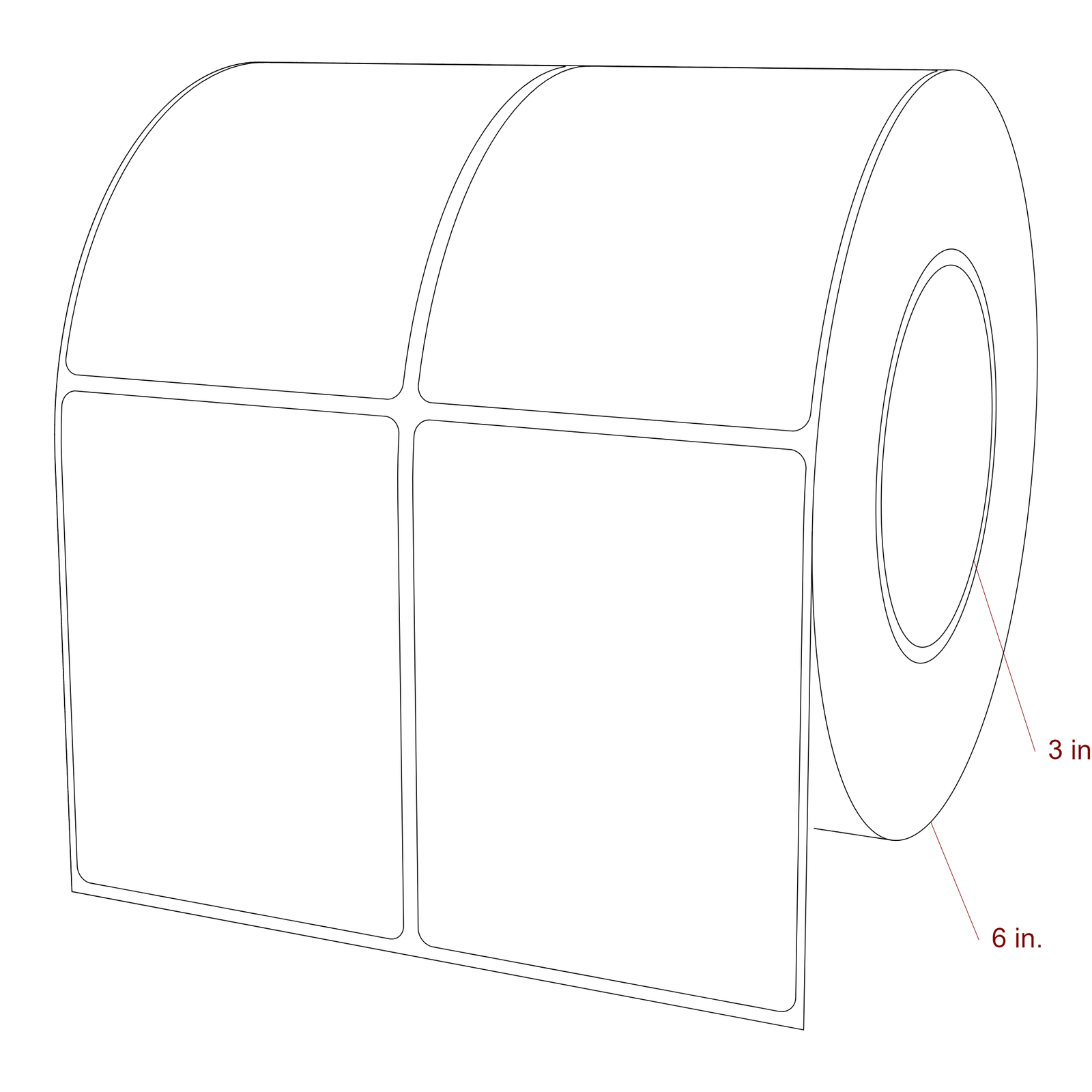 3 Inch x 4 Inch Rectangle Inkjet Label Roll - 3 Inch Core - 6 Inch Roll OD - 2Up - 3D Perspective