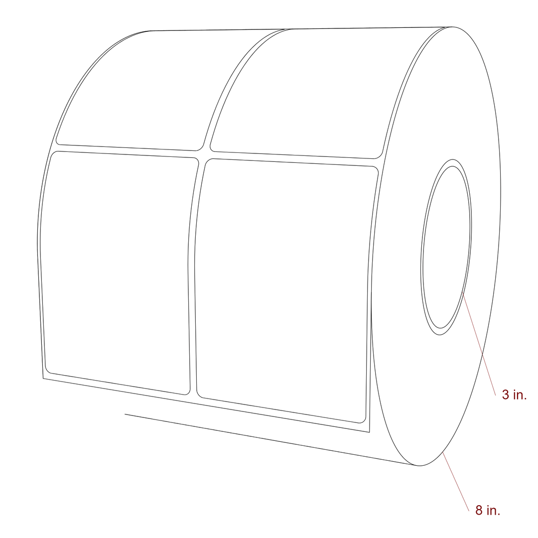 3 Inch x 4 Inch Rectangle Inkjet Label Roll - 3 Inch Core - 8 Inch Roll OD - 2Up - 3D Perspective