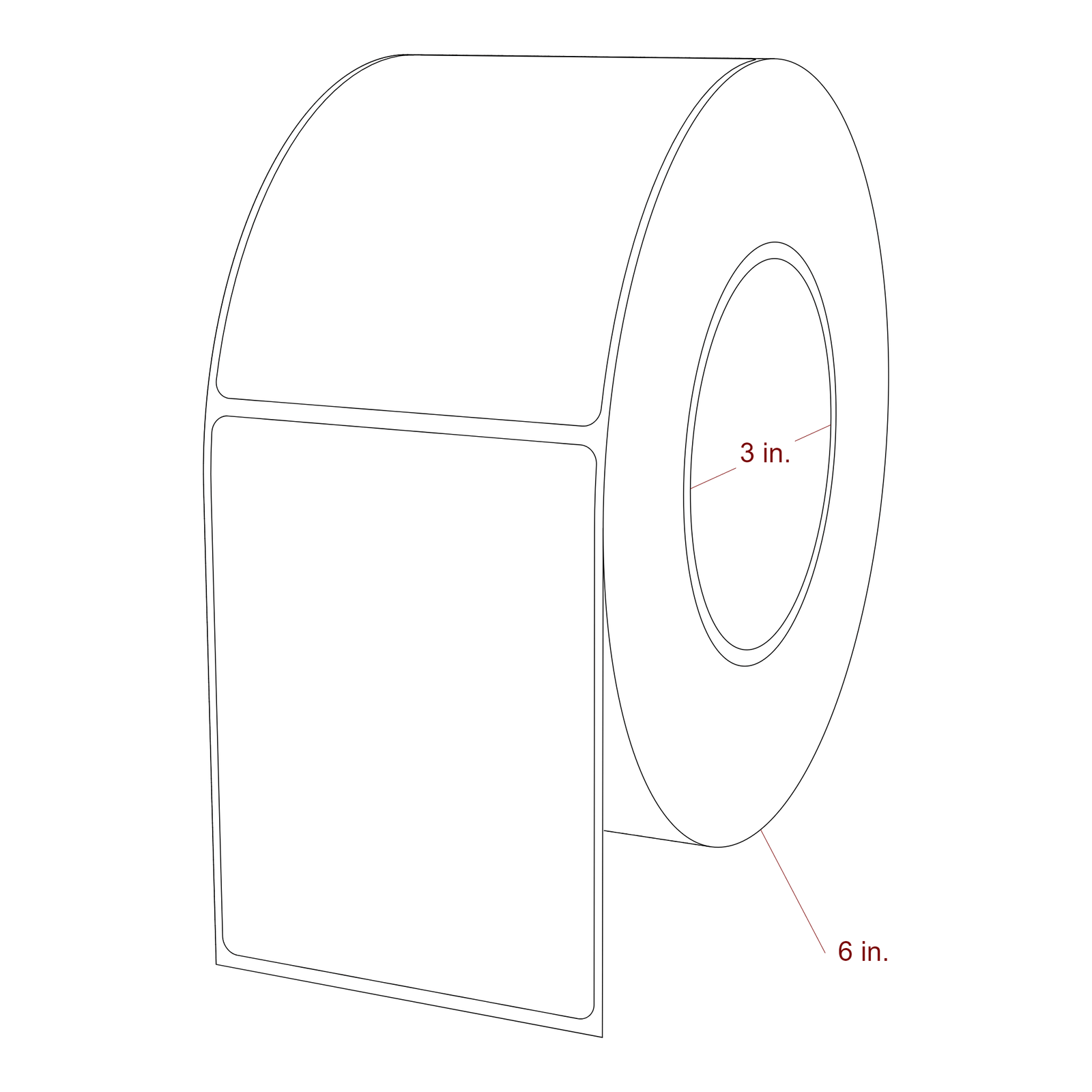 3 Inch x 4 Inch Rectangle Inkjet Label Roll - 3 Inch Core - 6 Inch Roll OD - 3D Perspective