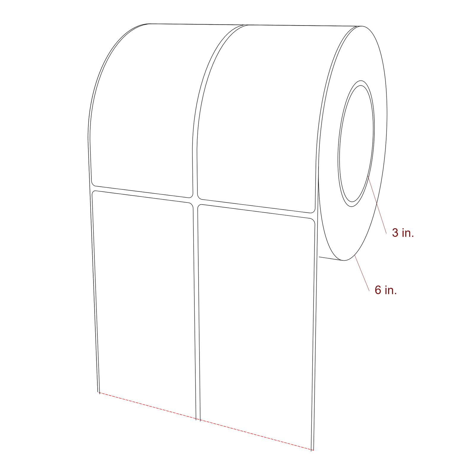 3 Inch x 5.75 Inch Rectangle Inkjet Label Roll - 3 Inch Core - 6 Inch Roll OD - 2Up - 3D Perspective