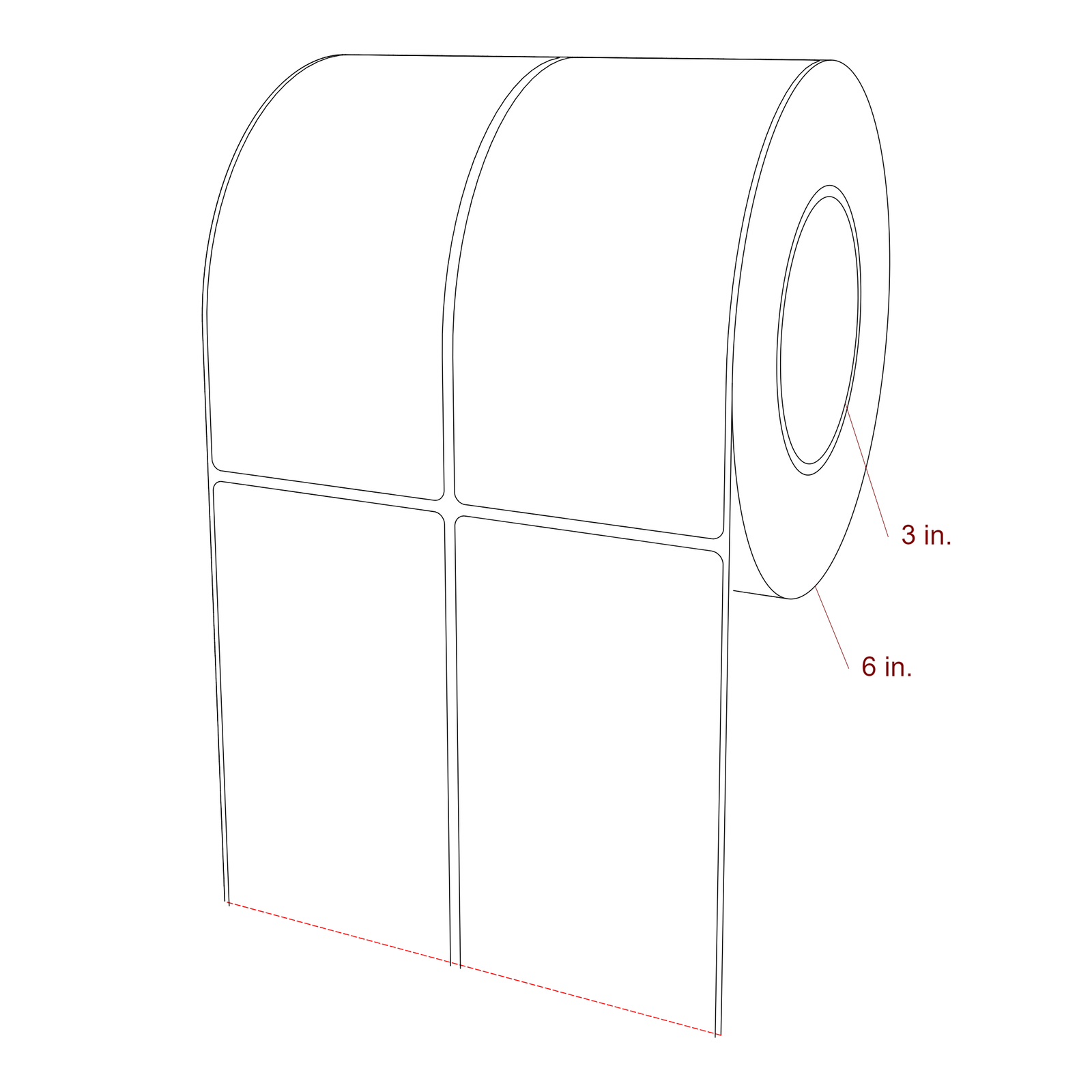 3 Inch x 6.25 Inch Rectangle Inkjet Label Roll - 3 Inch Core - 6 Inch Roll OD - 2Up - 3D Perspective