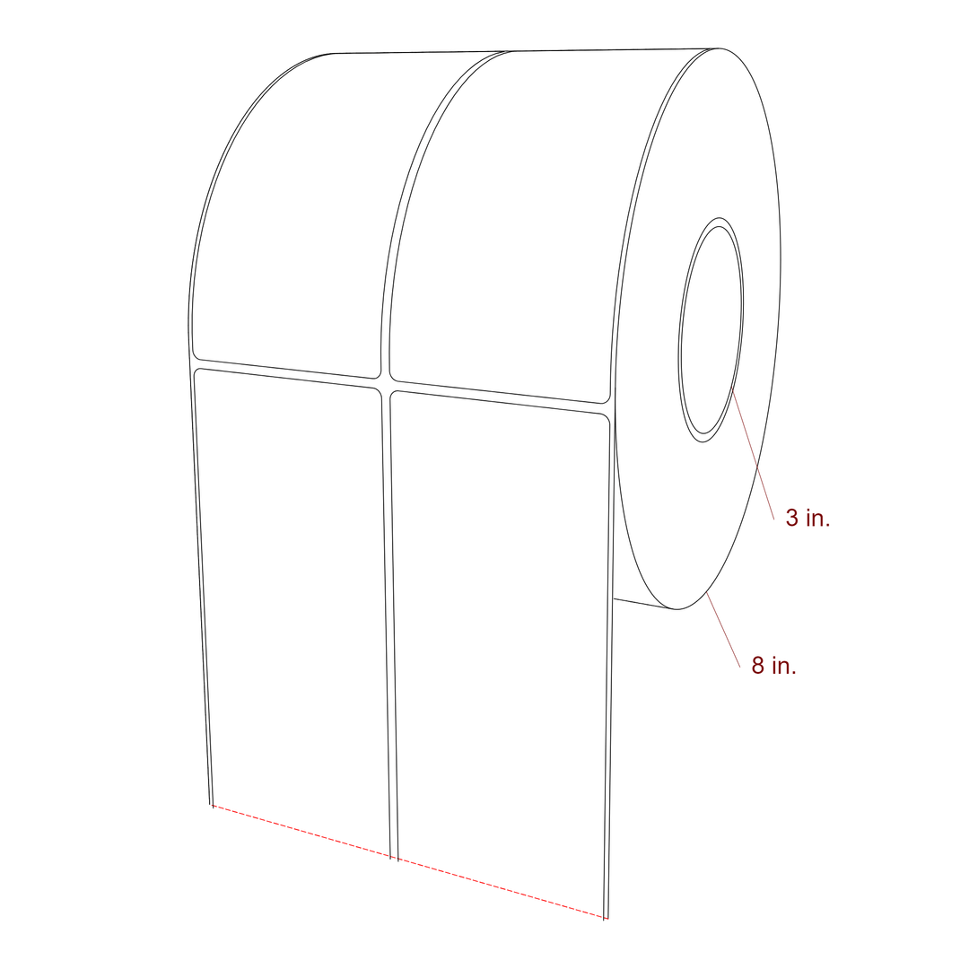 3 Inch x 6.25 Inch Rectangle Inkjet Label Roll - 3 Inch Core - 8 Inch Roll OD - 2Up - 3D Perspective