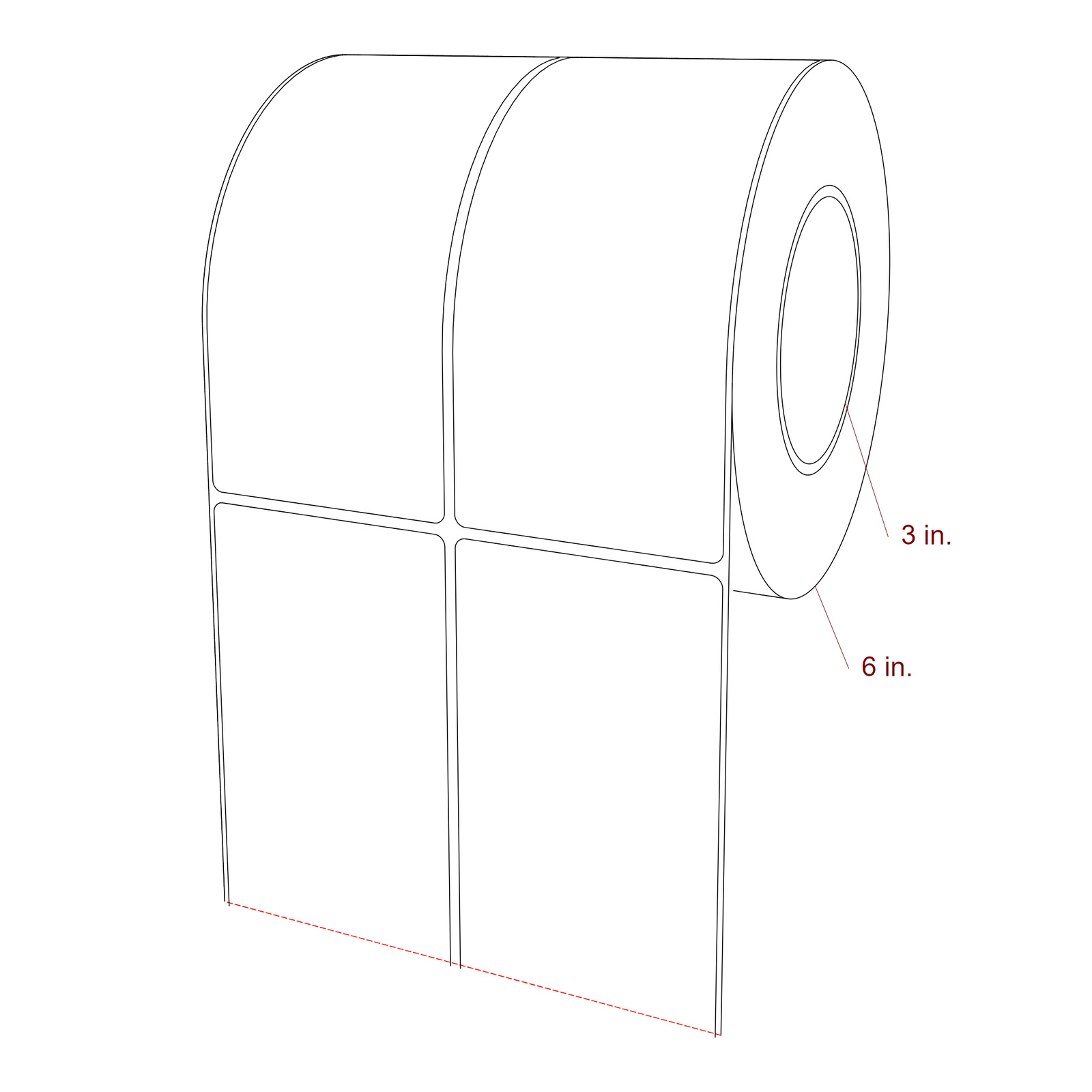 3 Inch x 6.5 Inch Rectangle Inkjet Label Roll - 3 Inch Core - 6 Inch Roll OD - 2Up - 3D Perspective