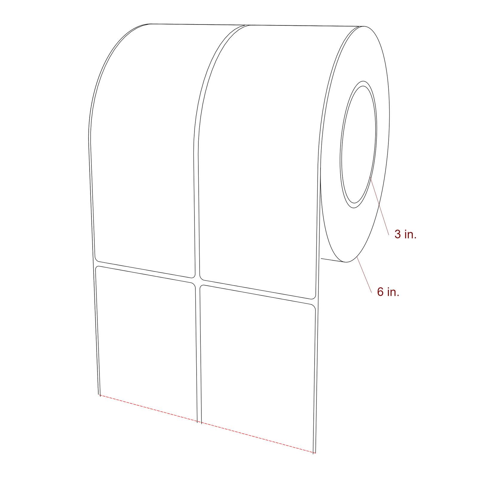 3 Inch x 7.75 Inch Rectangle Inkjet Label Roll - 3 Inch Core - 6 Inch Roll OD - 2Up - 3D Perspective