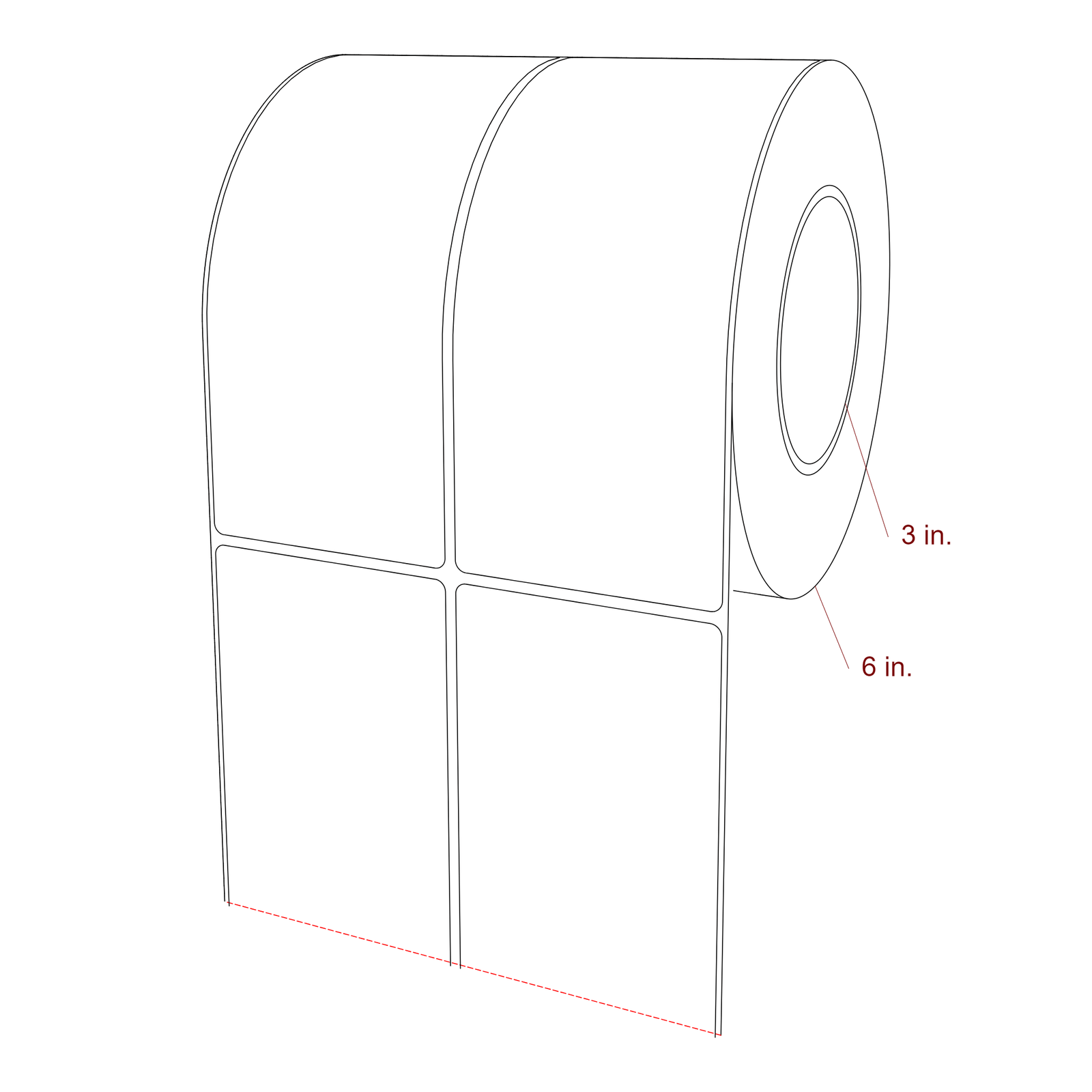 3 Inch x 7 Inch Rectangle Inkjet Label Roll - 3 Inch Core - 6 Inch Roll OD - 2Up - 3D Perspective