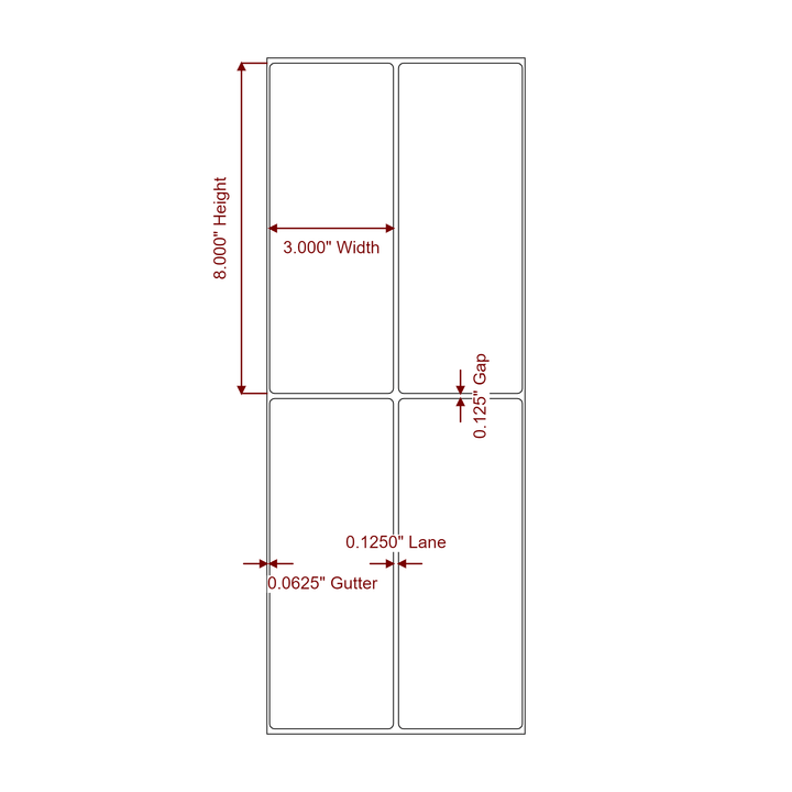 3 Inch x 8 Inch Rectangle Inkjet Label Roll - 2Up - 2D Drawing