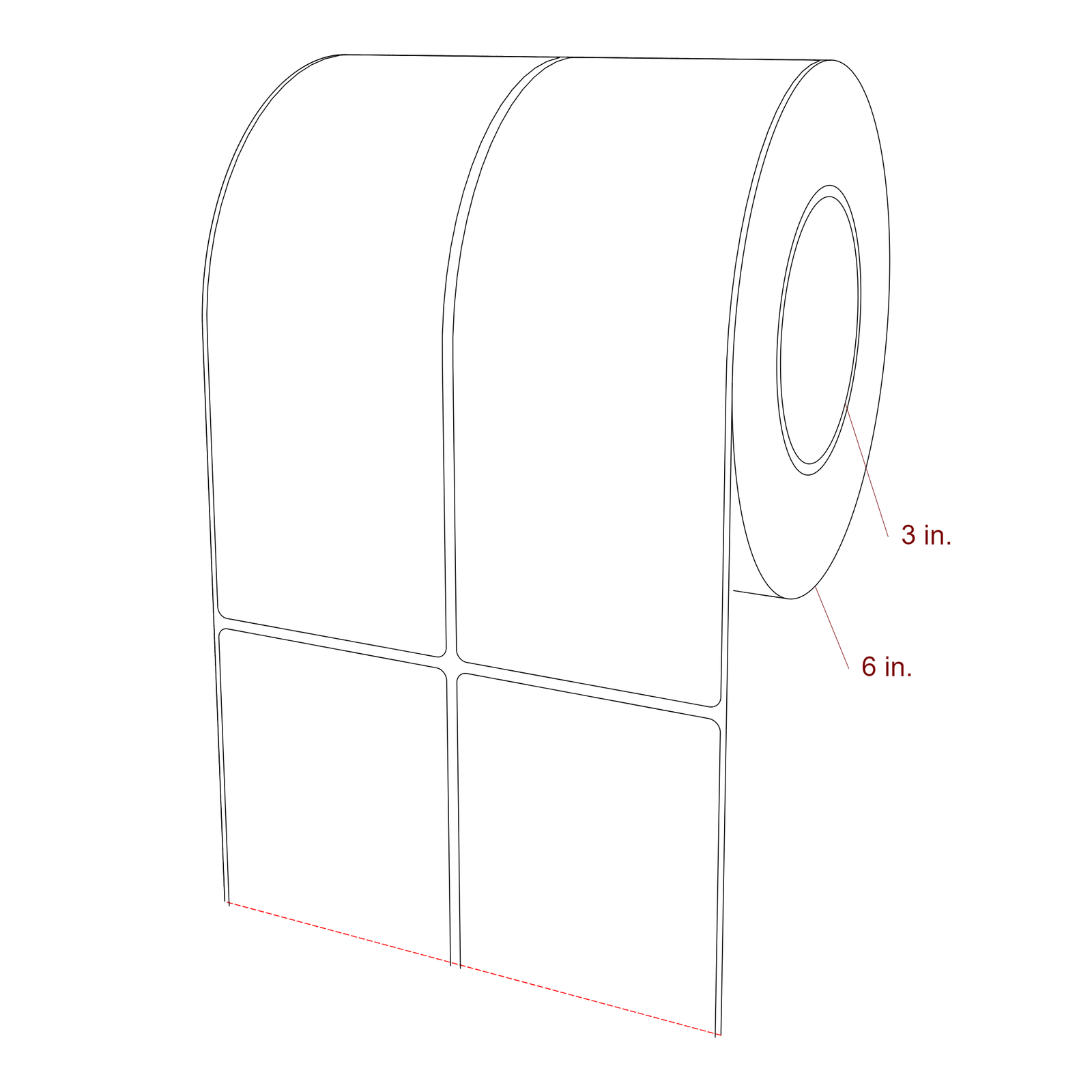 3 Inch x 8 Inch Rectangle Inkjet Label Roll - 3 Inch Core - 6 Inch Roll OD - 2Up - 3D Perspective