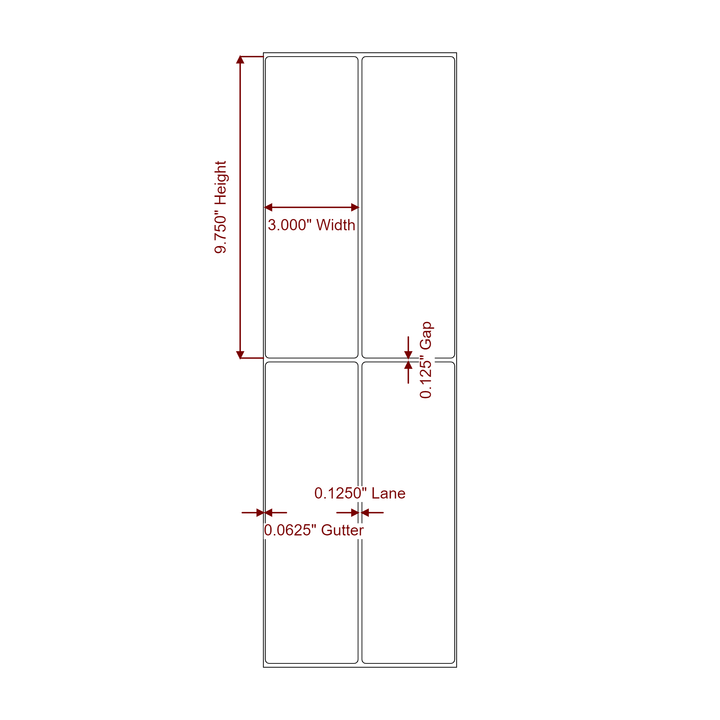 3 Inch x 9.75 Inch Rectangle Inkjet Label Roll - 2Up - 2D Drawing