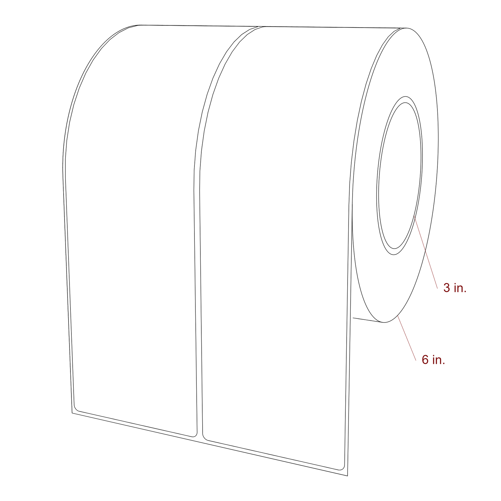 3 Inch x 9.75 Inch Rectangle Inkjet Label Roll - 3 Inch Core - 6 Inch Roll OD - 2Up - 3D Perspective