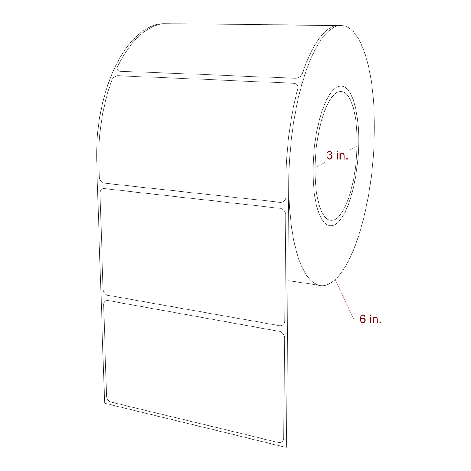 4.5 Inch x 2.5 Inch Rectangle Inkjet Label Roll - 3 Inch Core - 6 Inch Roll OD - 3D Perspective