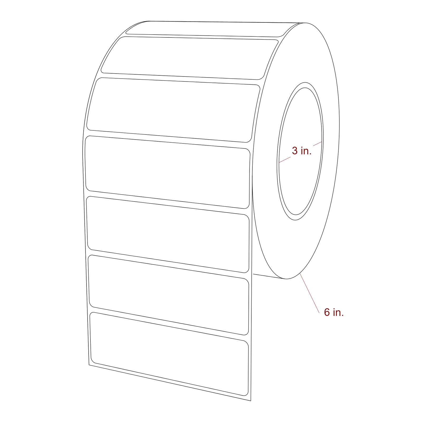 4 Inch x 1.25 Inch Rectangle Inkjet Label Roll - 3 Inch Core - 6 Inch Roll OD - 3D Perspective