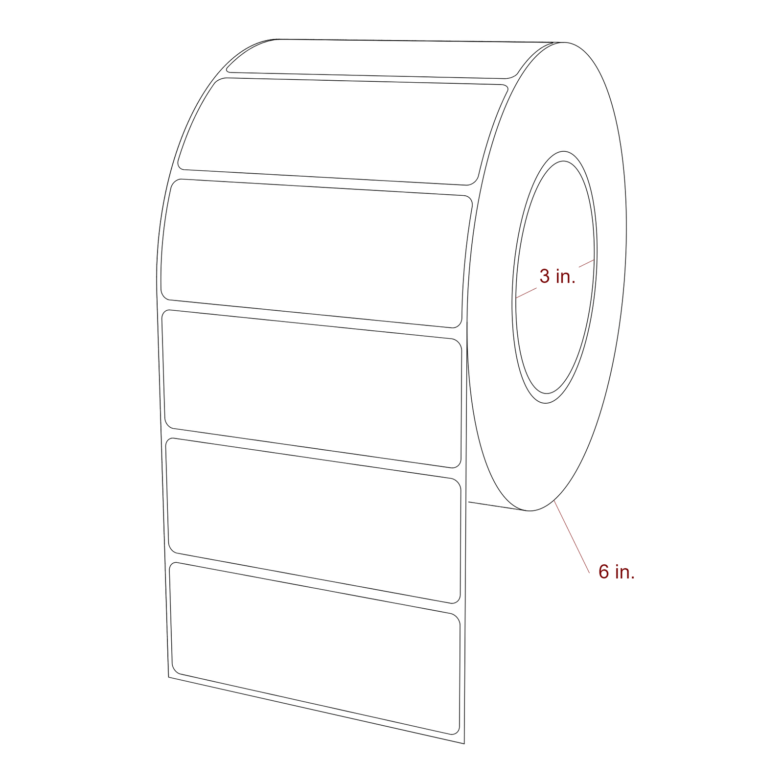 4 Inch x 1.5 Inch Rectangle Inkjet Label Roll - 3 Inch Core - 6 Inch Roll OD - 3D Perspective