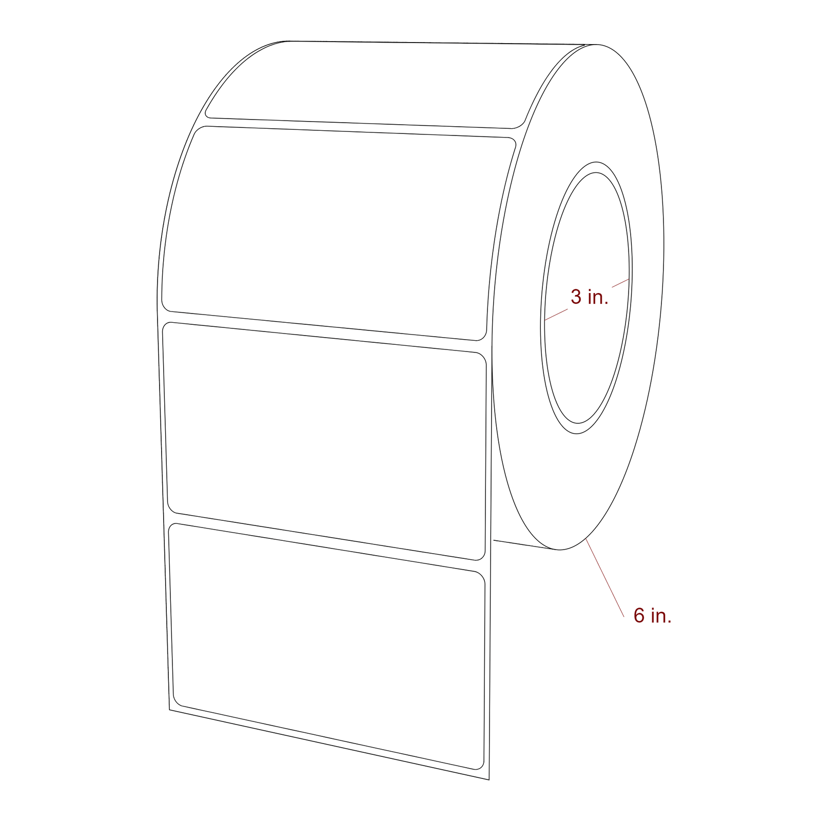 4 Inch x 2.25 Inch Rectangle Inkjet Label Roll - 3 Inch Core - 6 Inch Roll OD - 3D Perspective