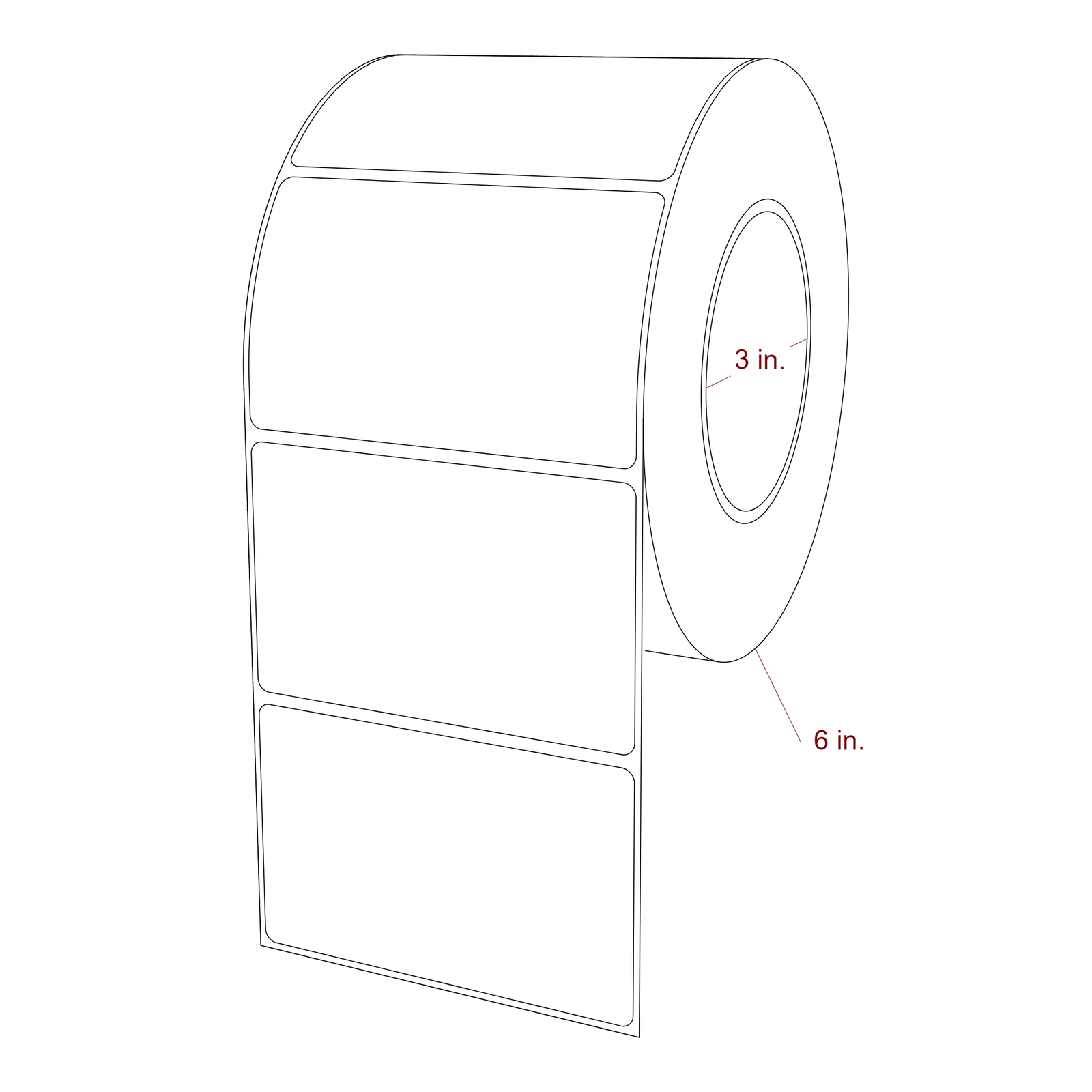4 Inch x 2.5 Inch Rectangle Inkjet Label Roll - 3 Inch Core - 6 Inch Roll OD - 3D Perspective