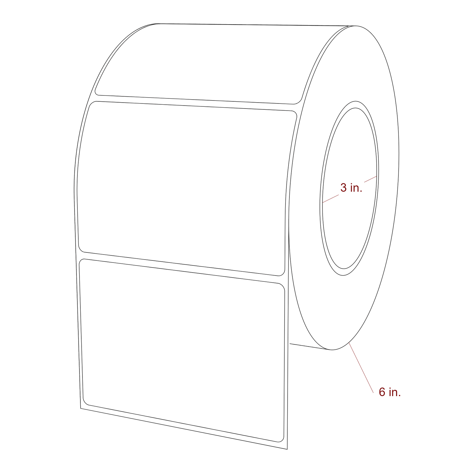 4 Inch x 2.75 Inch Rectangle Inkjet Label Roll - 3 Inch Core - 6 Inch Roll OD - 3D Perspective