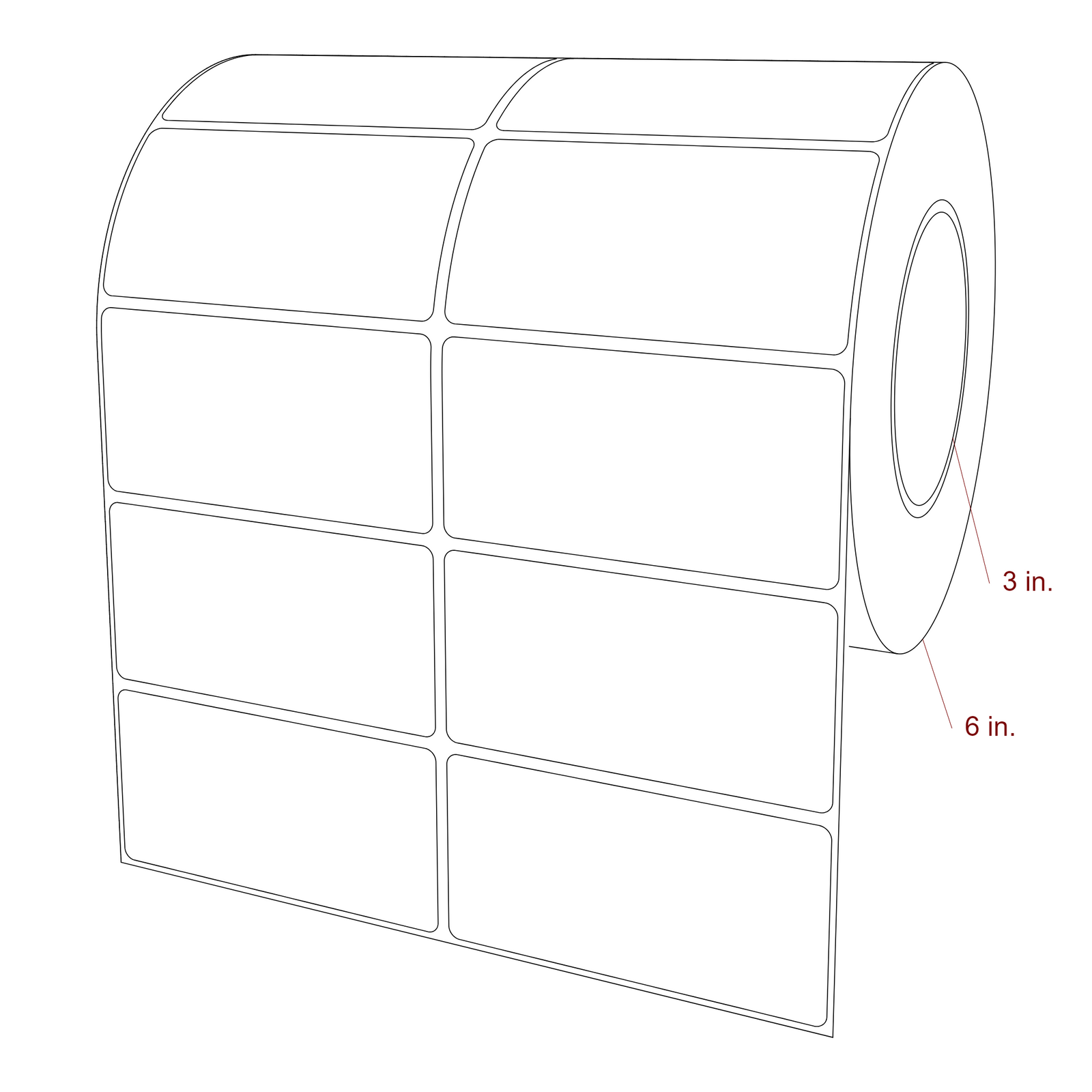 4 Inch x 2 Inch Rectangle Inkjet Label Roll - 3 Inch Core - 6 Inch Roll OD - 2Up - 3D Perspective
