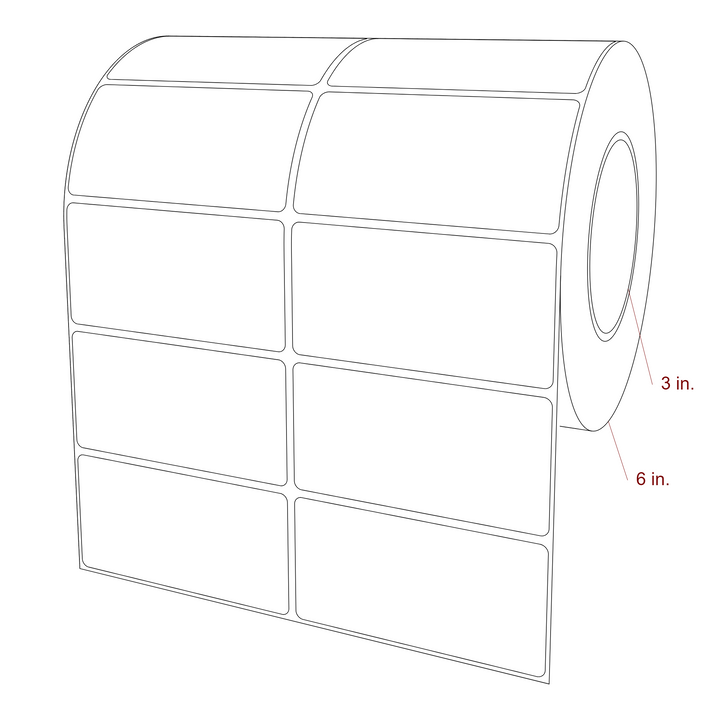 4 Inch x 2 Inch Rectangle Inkjet Label Roll - 3 Inch Core - 6 Inch Roll OD - 2Up - 3D Perspective