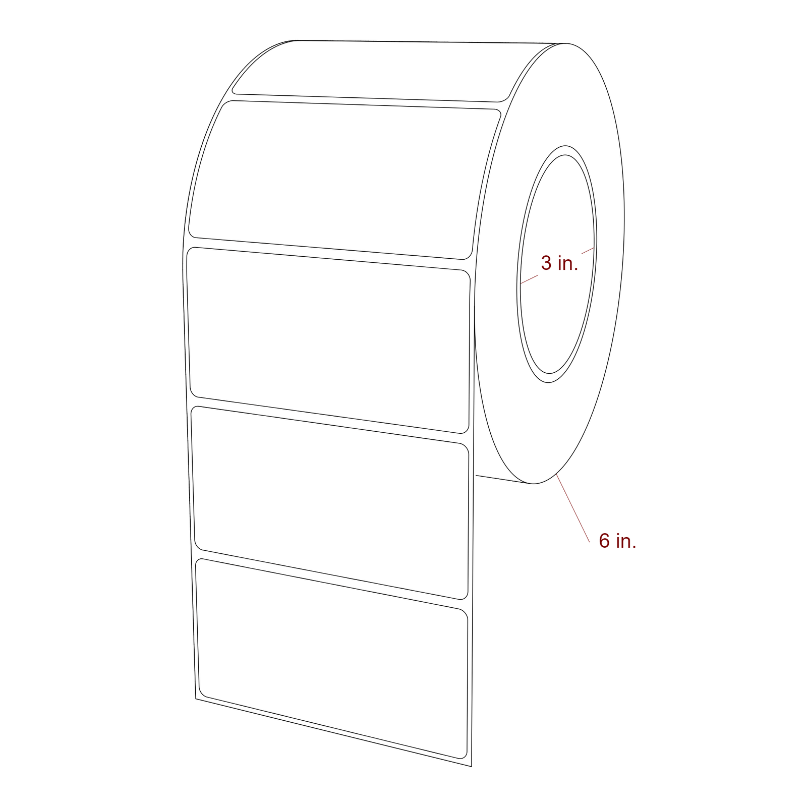 4 Inch x 2 Inch Rectangle Inkjet Label Roll - 3 Inch Core - 6 Inch Roll OD - 3D Perspective