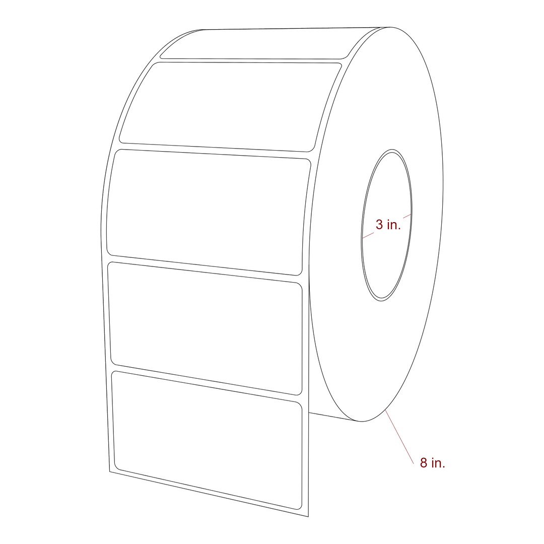 4 Inch x 2 Inch Rectangle Direct Thermal Label Roll | 0.125 in. Gutter - 3 Inch Core - 8 Inch Roll OD - 3D Perspective
