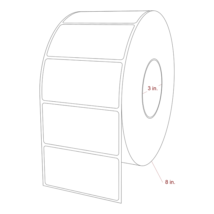 4 Inch x 2 Inch Rectangle Direct Thermal Label Roll | 0.125 in. Gutter - 3 Inch Core - 8 Inch Roll OD - 3D Perspective