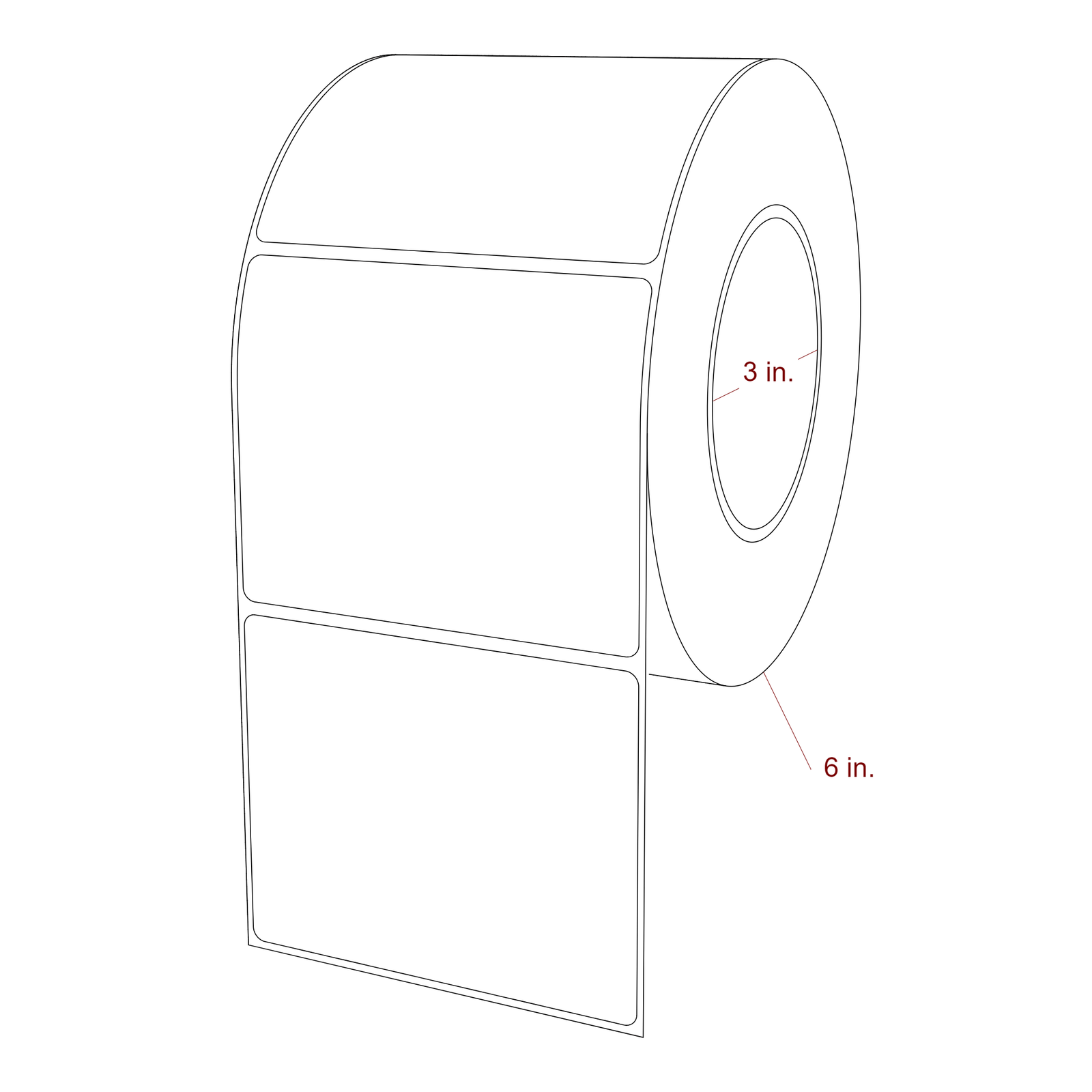 4 Inch x 3.25 Inch Rectangle Inkjet Label Roll - 3 Inch Core - 6 Inch Roll OD - 3D Perspective